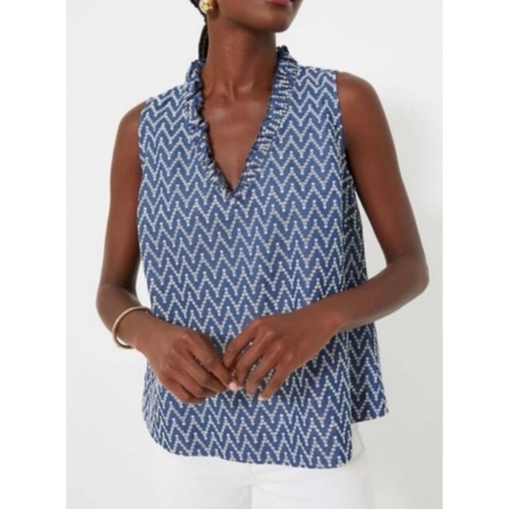 Pomander Place Blue Chevron Sleeveless Ruffle V-Neck Blouse